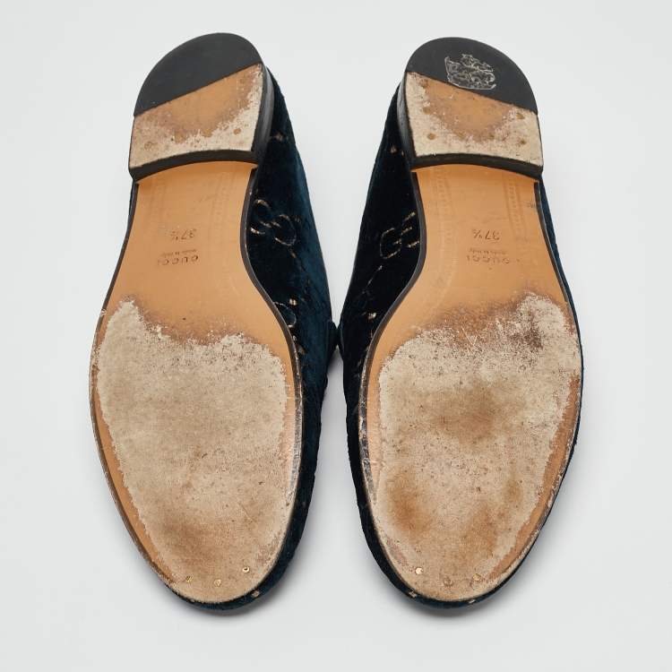 مملوكة مسبقًا Gucci Navy Blue GG Velvet Jordaan Loafers Size 37.5