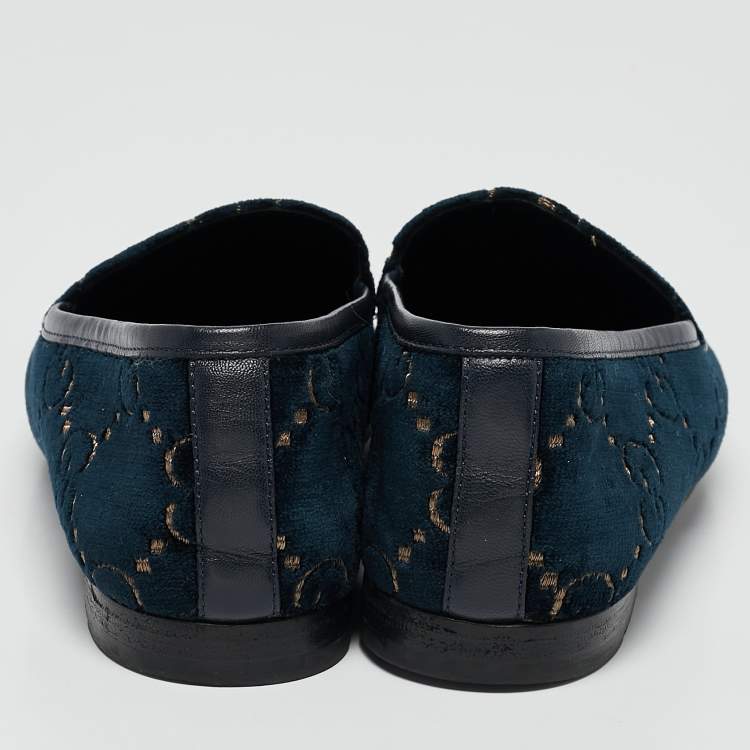 مملوكة مسبقًا Gucci Navy Blue GG Velvet Jordaan Loafers Size 37.5