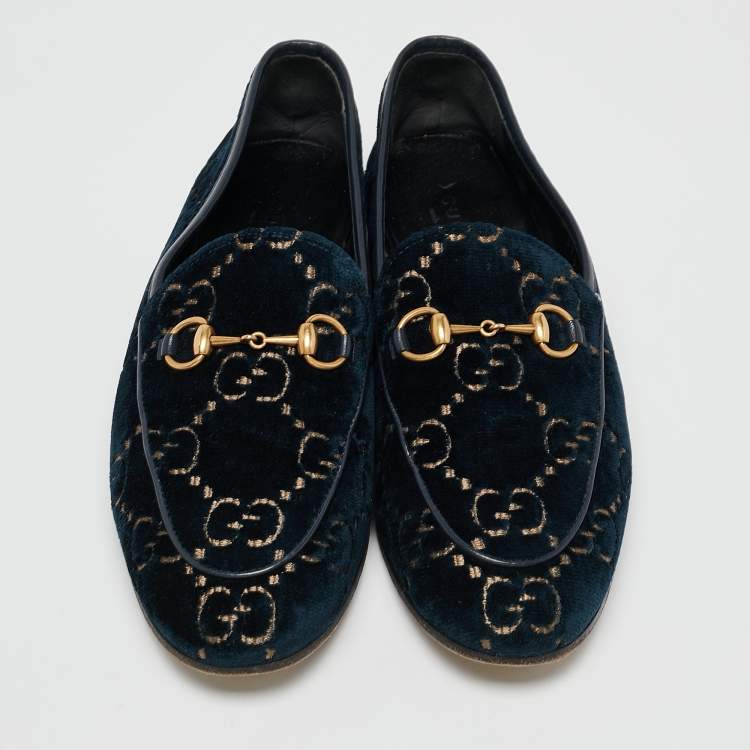 مملوكة مسبقًا Gucci Navy Blue GG Velvet Jordaan Loafers Size 37.5