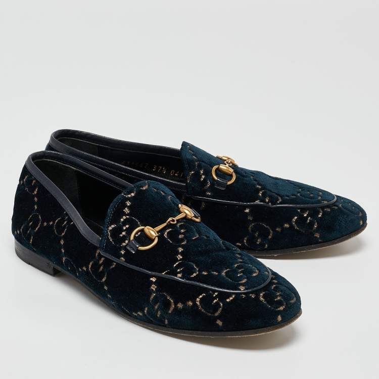 مملوكة مسبقًا Gucci Navy Blue GG Velvet Jordaan Loafers Size 37.5