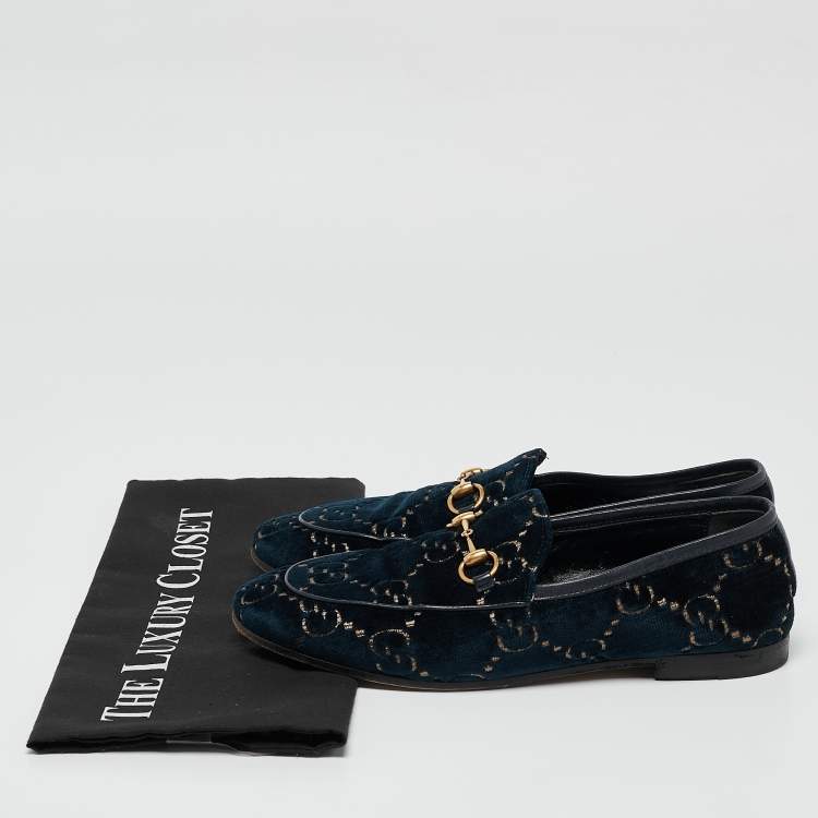 مملوكة مسبقًا Gucci Navy Blue GG Velvet Jordaan Loafers Size 37.5