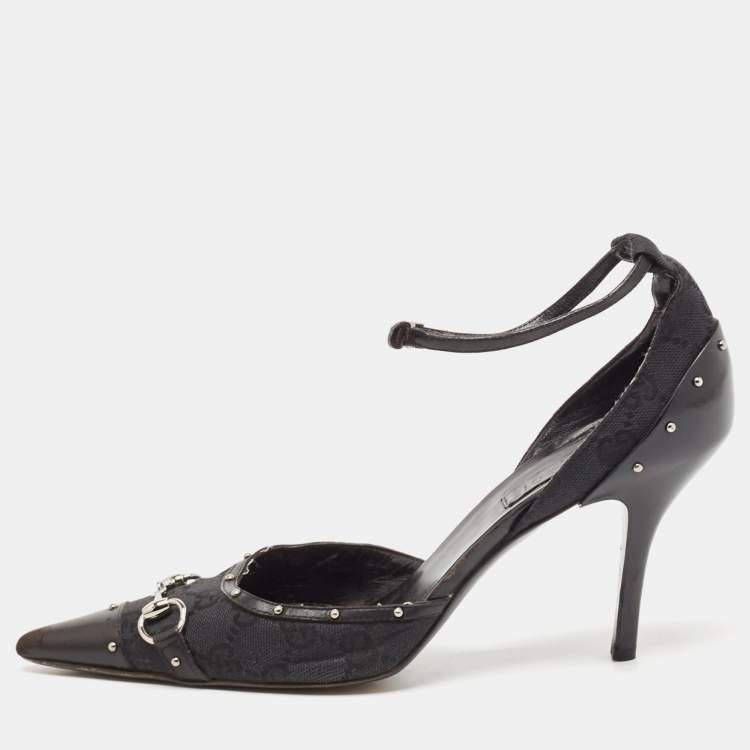 Pre Owned Gucci Black GG Canvas and Leather Studded Horsebit Ankle Strap Pumps Size 37.5