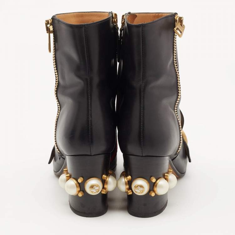 Pre Owned Gucci Black Leather Web Ankle Length Boots Size 37.5