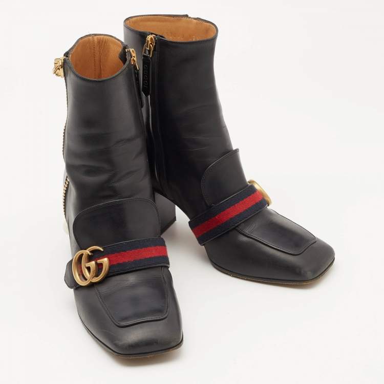 Pre Owned Gucci Black Leather Web Ankle Length Boots Size 37.5