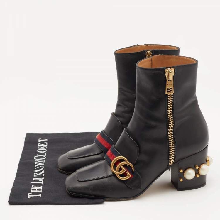 Pre Owned Gucci Black Leather Web Ankle Length Boots Size 37.5