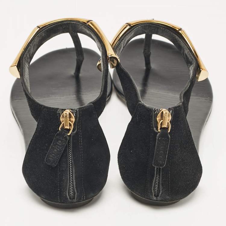 Pre Owned Gucci Black Suede Thong Flat Sandals Size 38.5