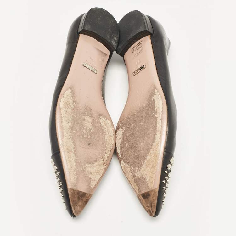 Pre Owned Gucci Black Leather Studded Cap Toe Ballet Flats Size 39