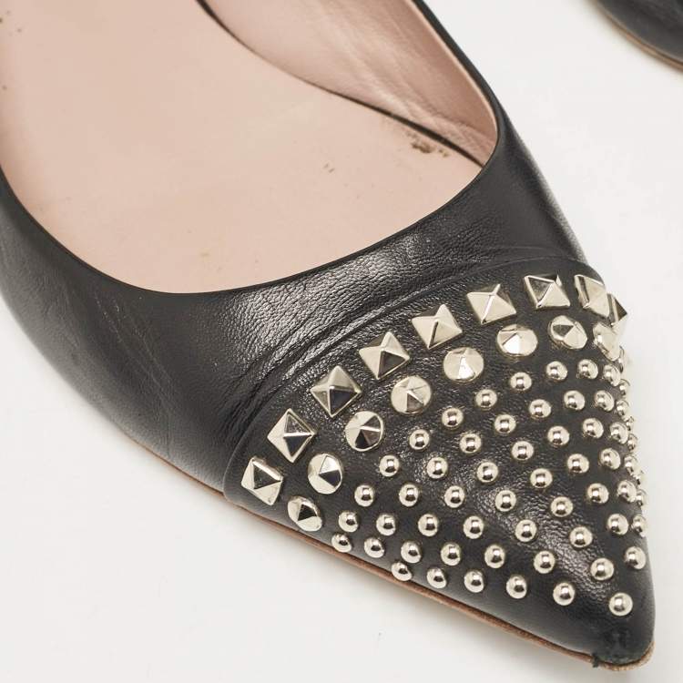 Pre Owned Gucci Black Leather Studded Cap Toe Ballet Flats Size 39