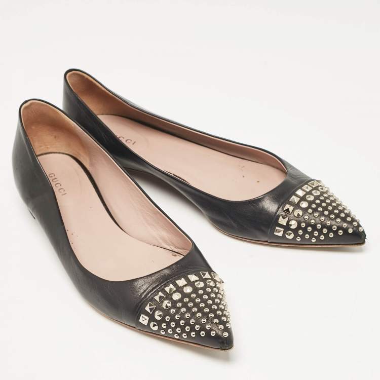 Pre Owned Gucci Black Leather Studded Cap Toe Ballet Flats Size 39