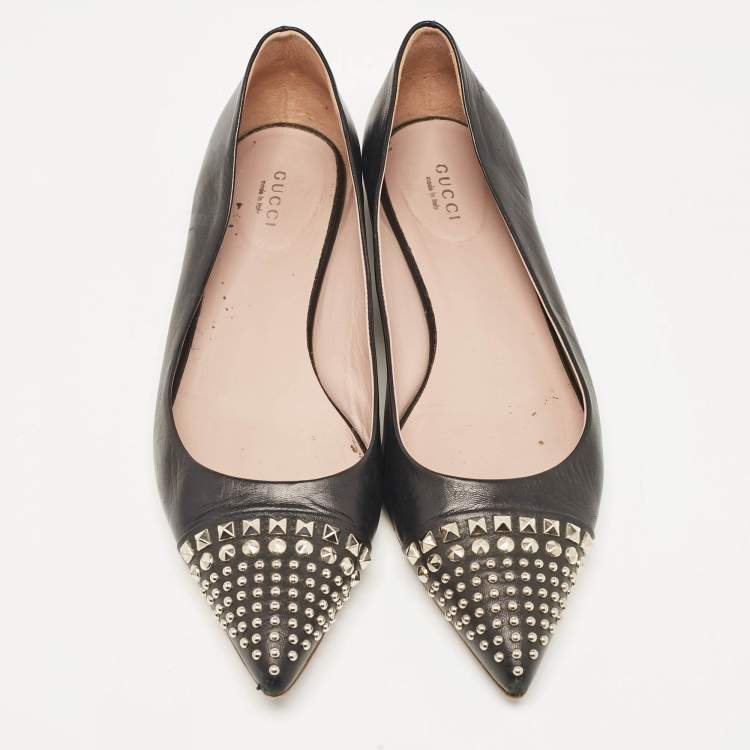 Pre Owned Gucci Black Leather Studded Cap Toe Ballet Flats Size 39