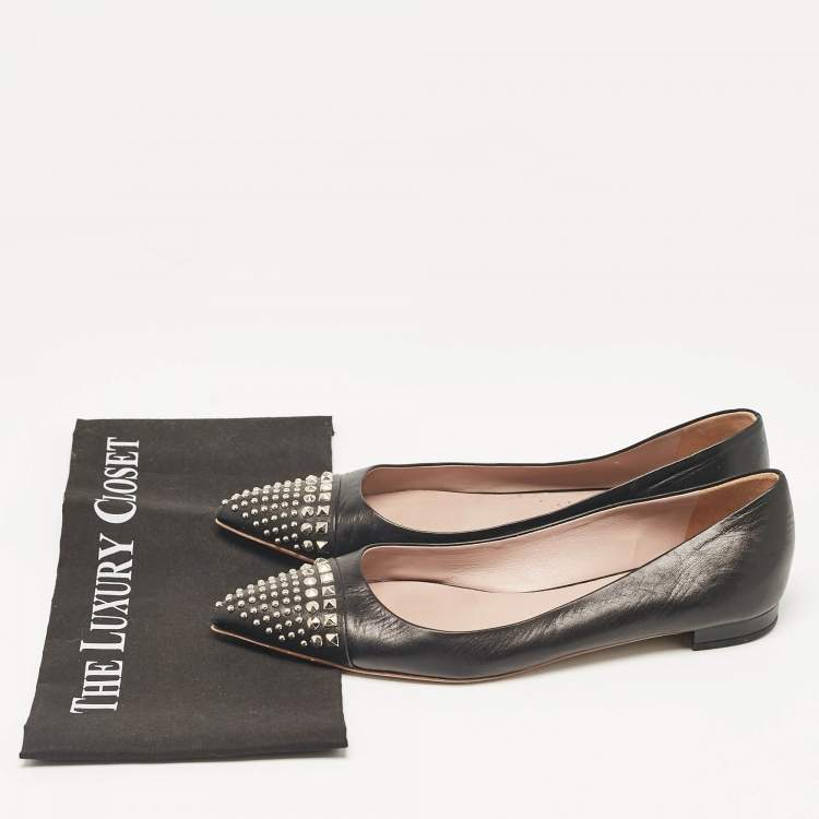 Pre Owned Gucci Black Leather Studded Cap Toe Ballet Flats Size 39
