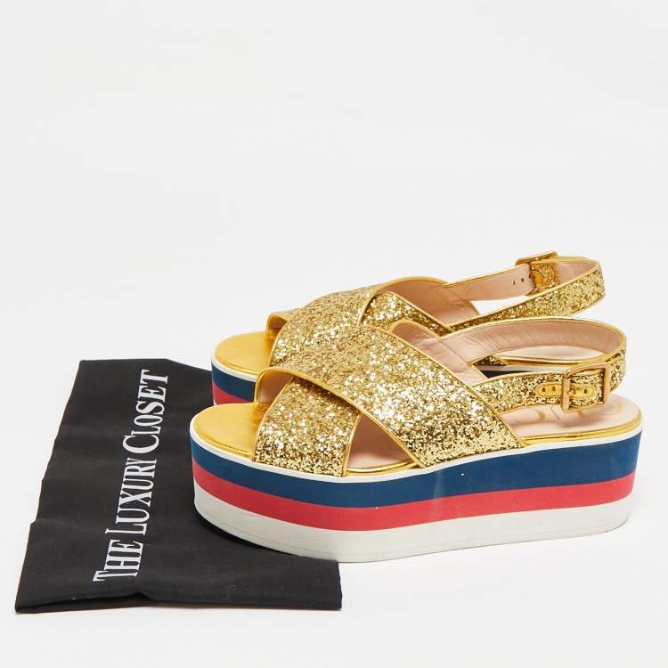Pre Owned Gucci Gold Glitter Leather Crossover Platform Sandals Size 38