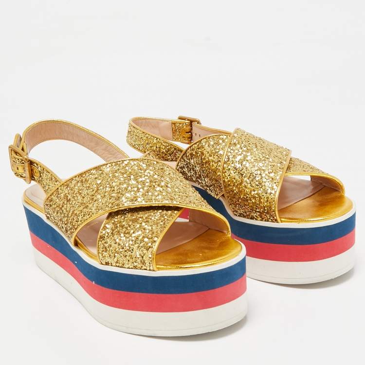 Pre Owned Gucci Gold Glitter Leather Crossover Platform Sandals Size 38