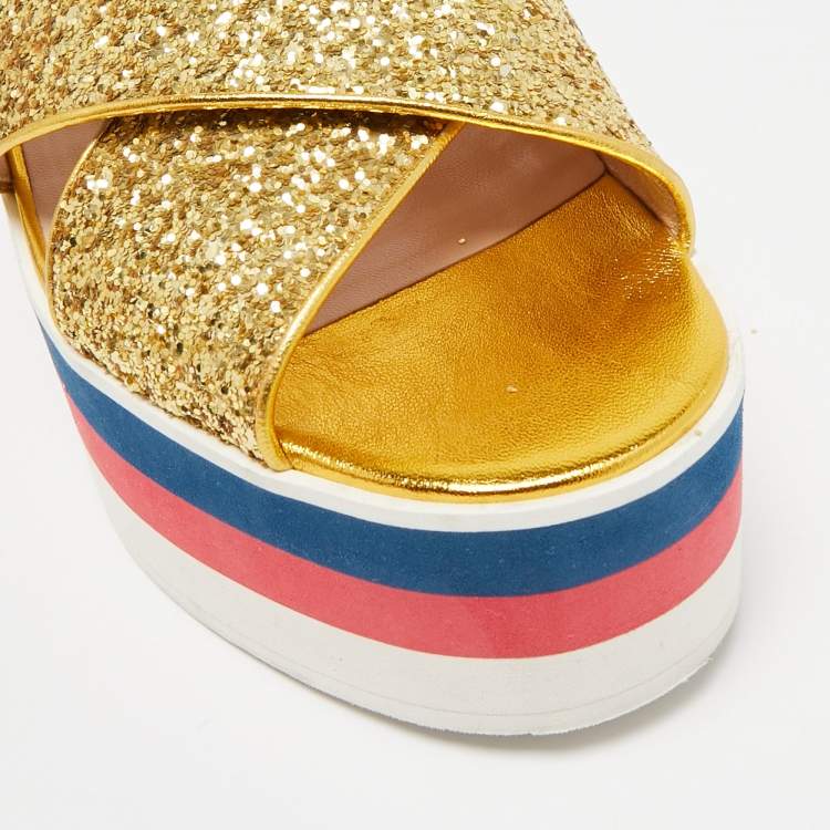 Pre Owned Gucci Gold Glitter Leather Crossover Platform Sandals Size 38