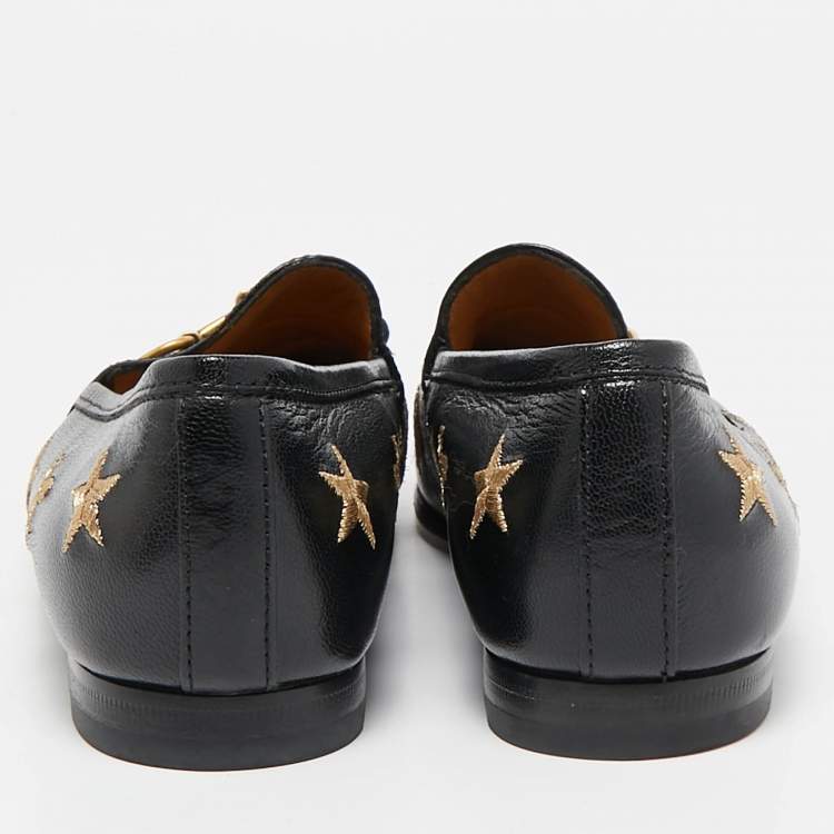 Pre Owned Gucci Black Leather Embroidered Star Bee Horsebit Loafers Size 35
