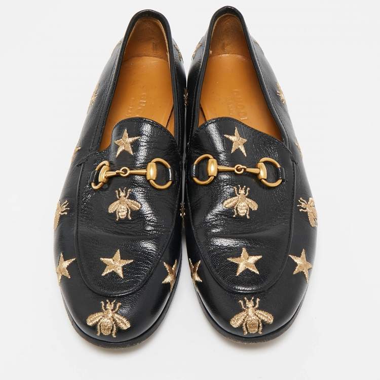 Pre Owned Gucci Black Leather Embroidered Star Bee Horsebit Loafers Size 35