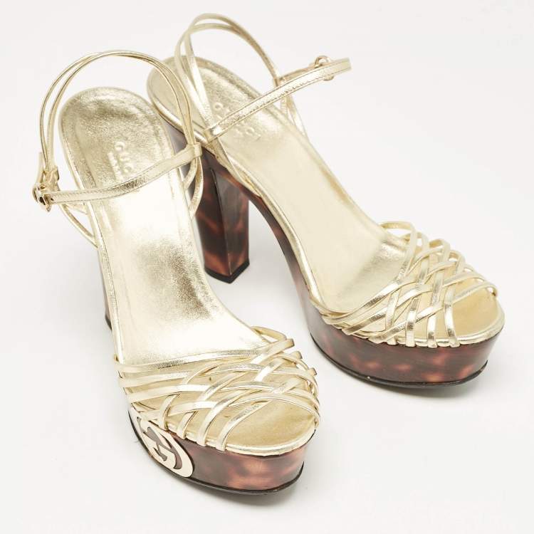 Pre Owned Gucci Gold Leather Platform Ankle Strap Sandals Size 38