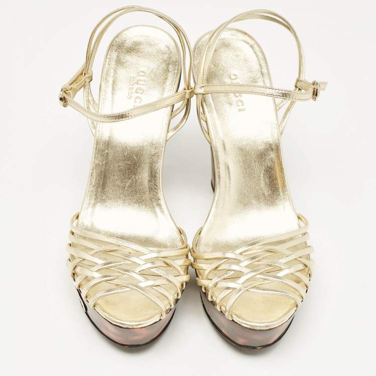 Pre Owned Gucci Gold Leather Platform Ankle Strap Sandals Size 38