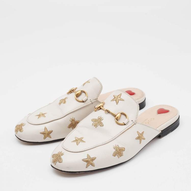 Pre Owned Gucci Cream Leather Bee and Star Embroidered Princetown Mules Size 36