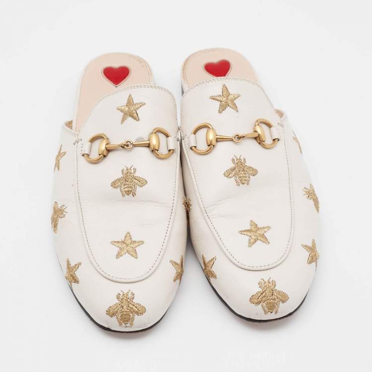 Pre Owned Gucci Cream Leather Bee and Star Embroidered Princetown Mules Size 36