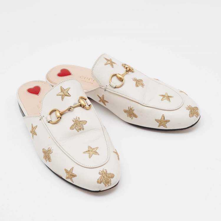 Pre Owned Gucci Cream Leather Bee and Star Embroidered Princetown Mules Size 36