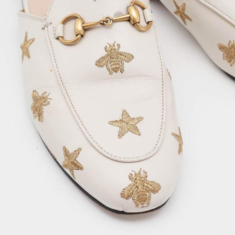 Pre Owned Gucci Cream Leather Bee and Star Embroidered Princetown Mules Size 36