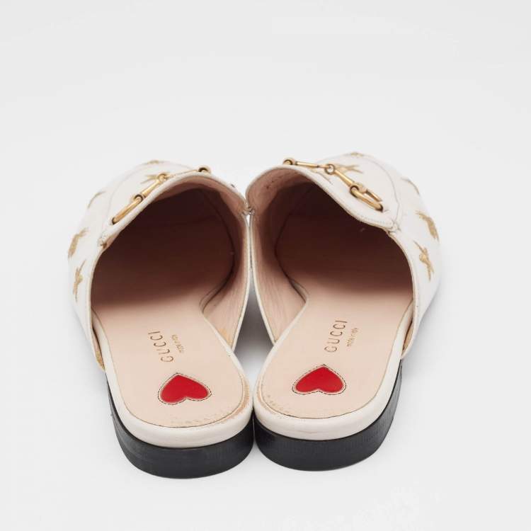 Pre Owned Gucci Cream Leather Bee and Star Embroidered Princetown Mules Size 36