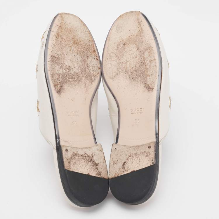 Pre Owned Gucci Cream Leather Bee and Star Embroidered Princetown Mules Size 36