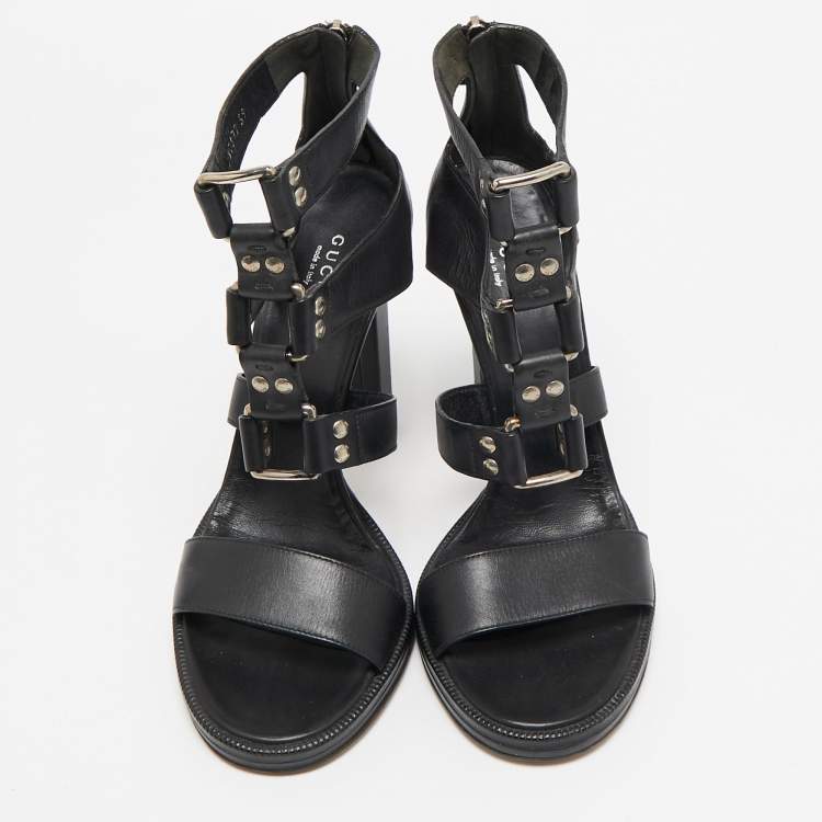 Pre Owned Gucci Black Leather Studded Gladiator Sandals Size 39