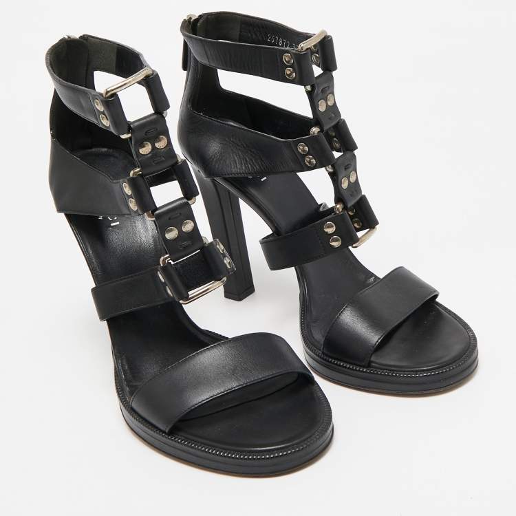 Pre Owned Gucci Black Leather Studded Gladiator Sandals Size 39