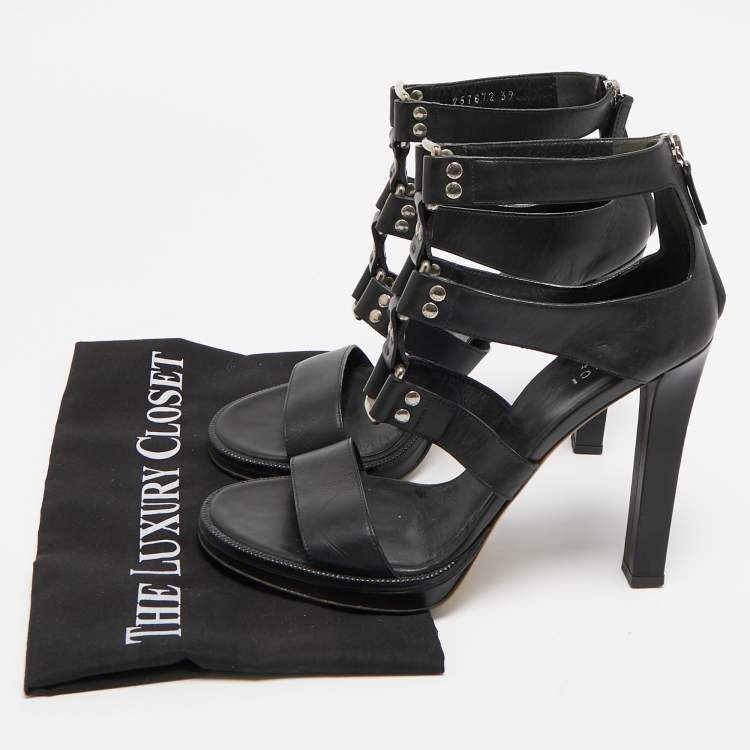 Pre Owned Gucci Black Leather Studded Gladiator Sandals Size 39