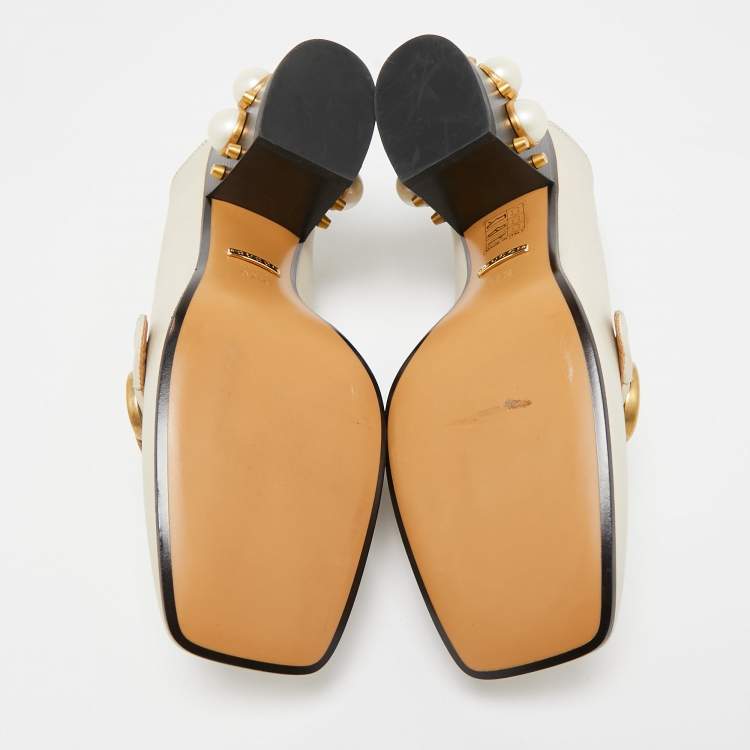 Pre Owned Gucci Cream Leather Peyton GG Sylvie Pearl Studded Loafer Pumps Size 37.5