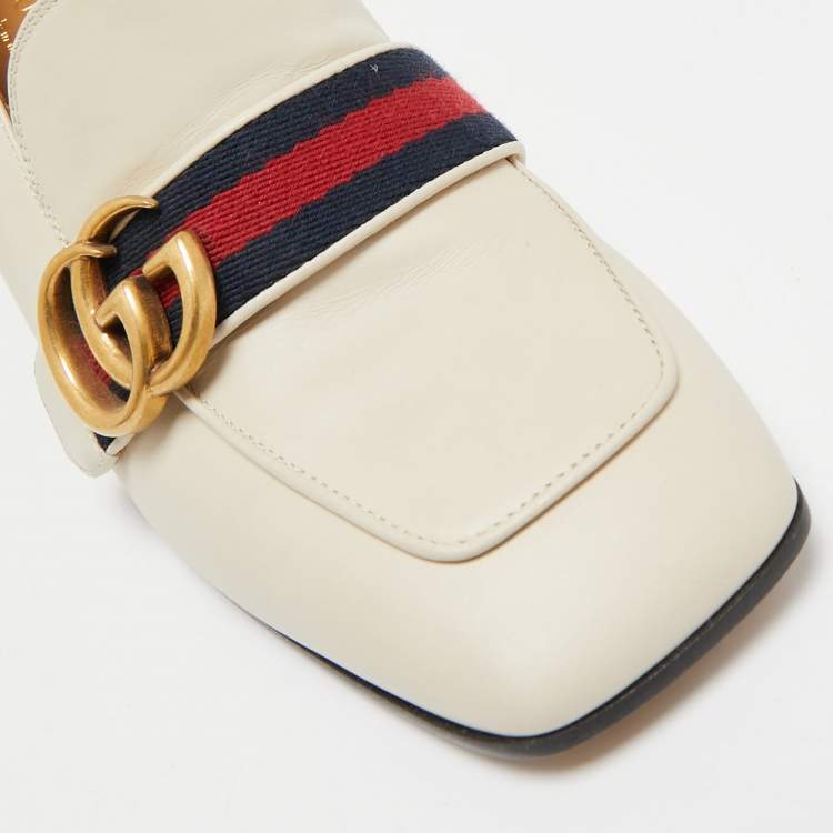 Pre Owned Gucci Cream Leather Peyton GG Sylvie Pearl Studded Loafer Pumps Size 37.5