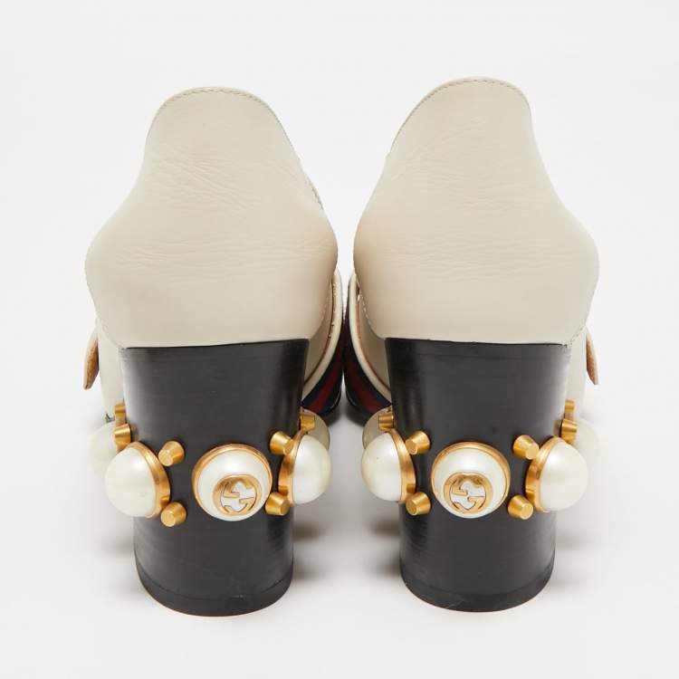 Pre Owned Gucci Cream Leather Peyton GG Sylvie Pearl Studded Loafer Pumps Size 37.5
