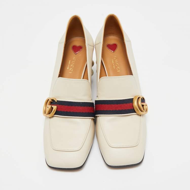 Pre Owned Gucci Cream Leather Peyton GG Sylvie Pearl Studded Loafer Pumps Size 37.5