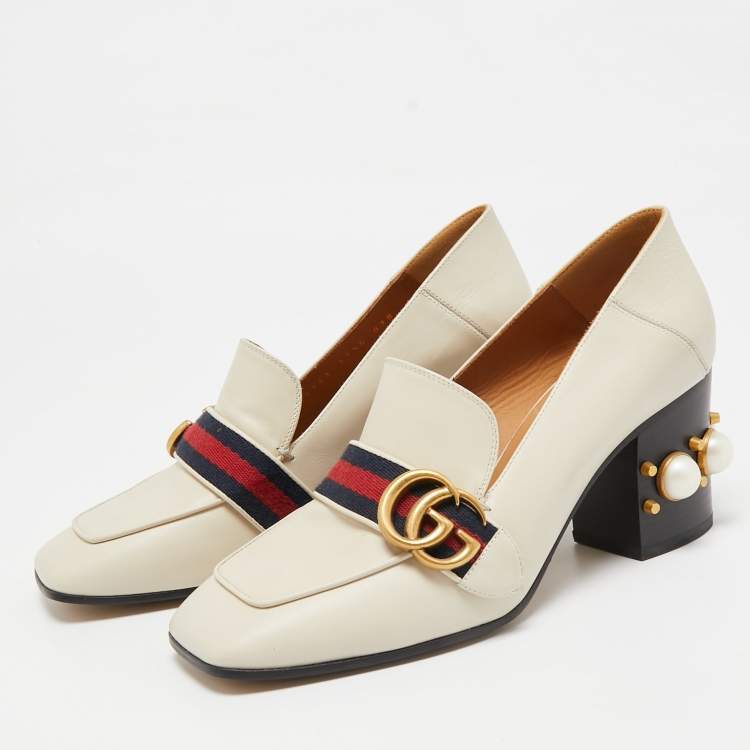 Pre Owned Gucci Cream Leather Peyton GG Sylvie Pearl Studded Loafer Pumps Size 37.5