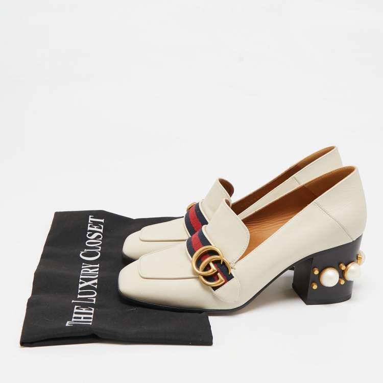 Pre Owned Gucci Cream Leather Peyton GG Sylvie Pearl Studded Loafer Pumps Size 37.5