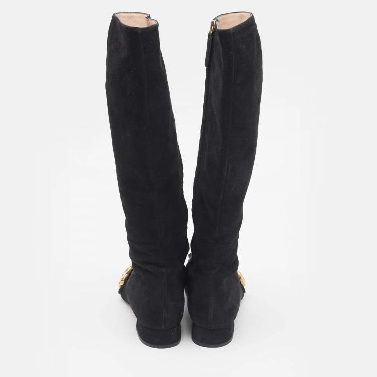Pre Owned Gucci Black Suede GG Marmont Knee Length Boots Size 37.5