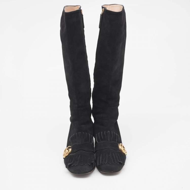 Pre Owned Gucci Black Suede GG Marmont Knee Length Boots Size 37.5