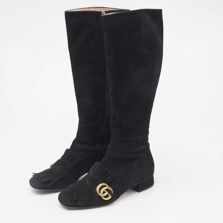 Pre Owned Gucci Black Suede GG Marmont Knee Length Boots Size 37.5