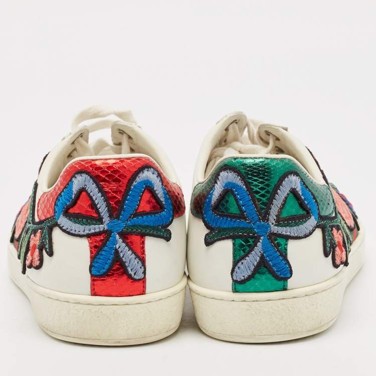 Pre Owned Gucci White Leather and Python Embossed Ace Low Top Sneakers Size 39