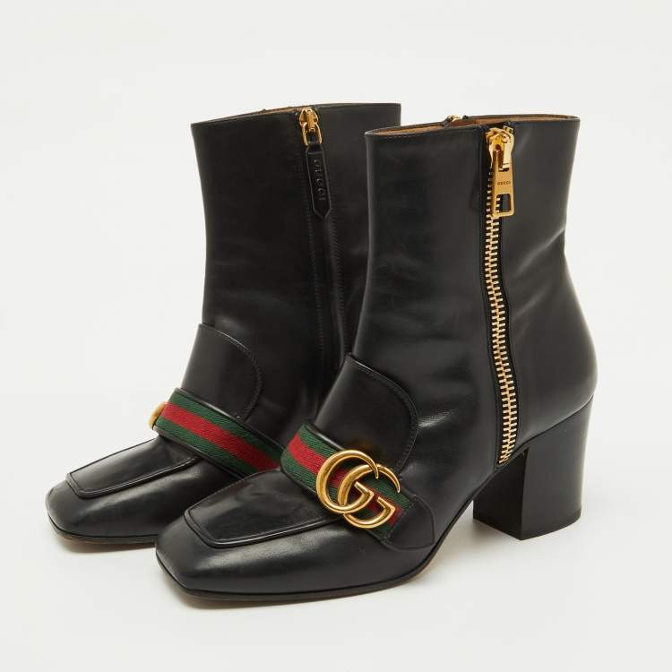 Pre Owned Gucci Black Leather GG Web Detail High Ankle Boots Size 37