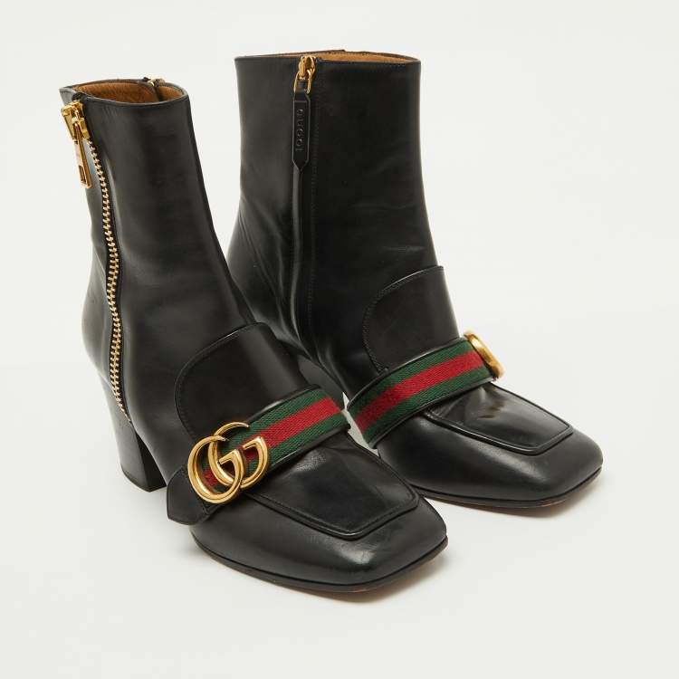 Pre Owned Gucci Black Leather GG Web Detail High Ankle Boots Size 37