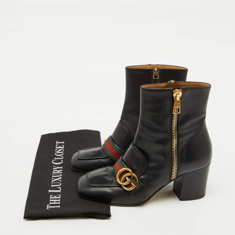 Pre Owned Gucci Black Leather GG Web Detail High Ankle Boots Size 37