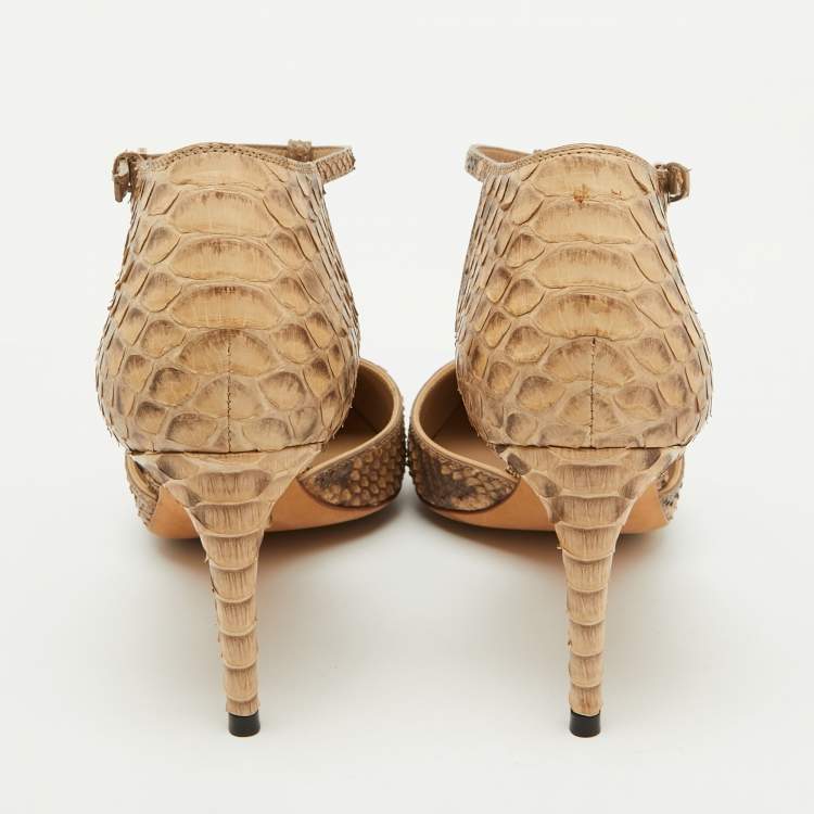 Pre Owned Gucci Beige/Brown Python Pointed Toe T-Strap Pumps Size 36.5