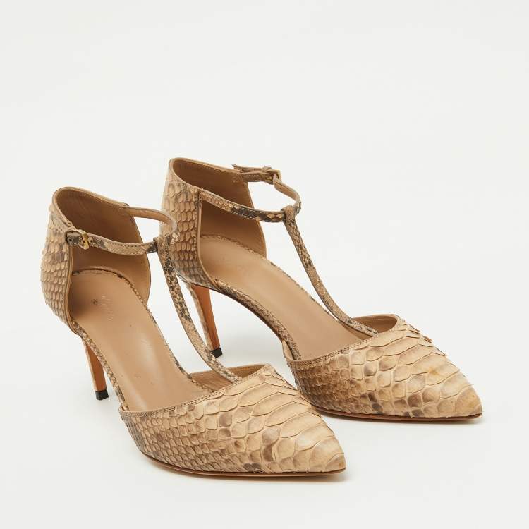 Pre Owned Gucci Beige/Brown Python Pointed Toe T-Strap Pumps Size 36.5
