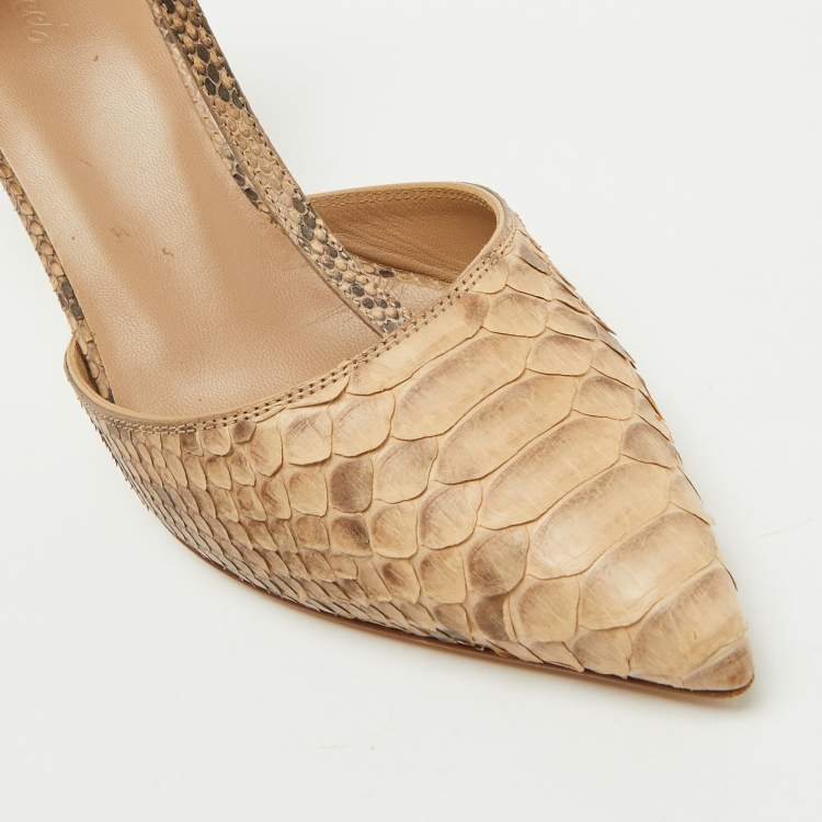 Pre Owned Gucci Beige/Brown Python Pointed Toe T-Strap Pumps Size 36.5