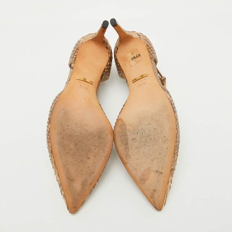 Pre Owned Gucci Beige/Brown Python Pointed Toe T-Strap Pumps Size 36.5