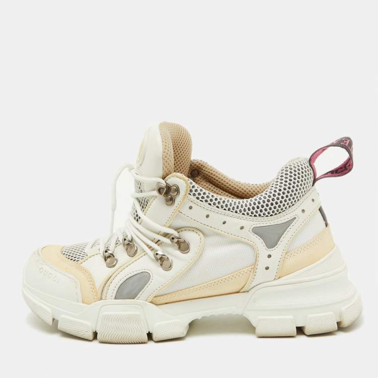 Pre Owned Gucci White/Cream Mesh and Leather Logo Flashtrek Sneakers Size 39