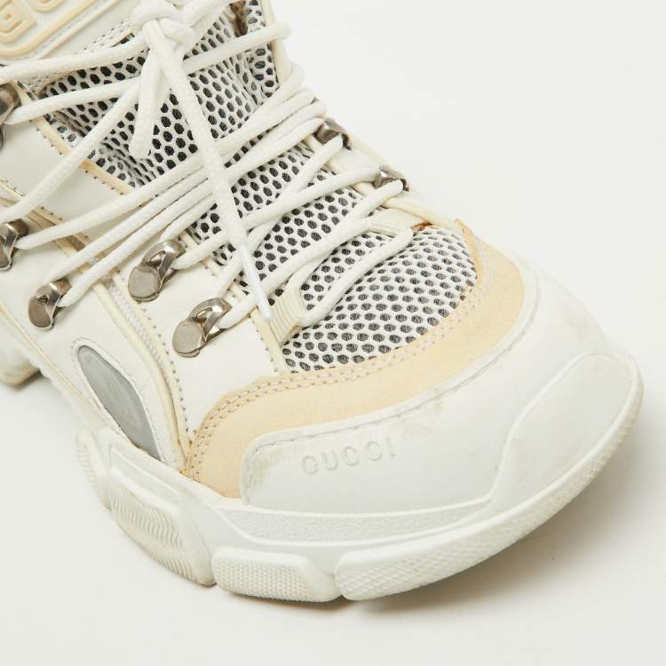 Pre Owned Gucci White/Cream Mesh and Leather Logo Flashtrek Sneakers Size 39